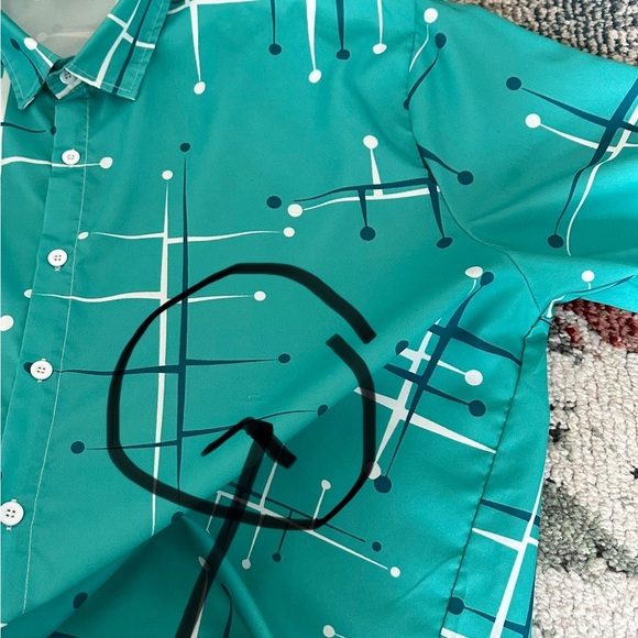 Teal Geometric Men's Button Down Short Sleeve Beach Summer Shirt - Picture 3 of 11